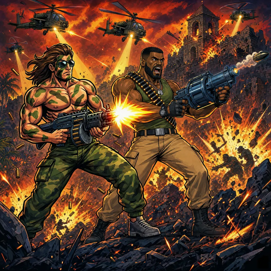 Kable, shirtless in camo paint and aviators, firing a drum-fed rifle beside Sgt. Hammer Cole with a grenade launcher, gunships and a burning fortress behind them.
