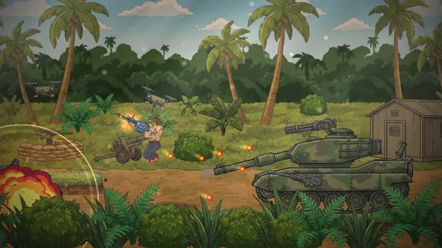 Kable fighting the tank boss on a jungle road