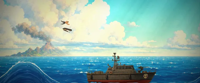 A jet ski flying over a gunboat with a volcano island behind