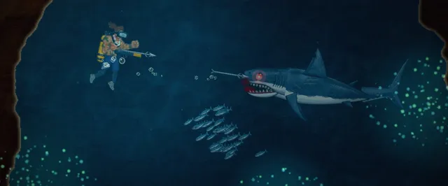 A diver with a spear gun facing a shark in a flooded cave